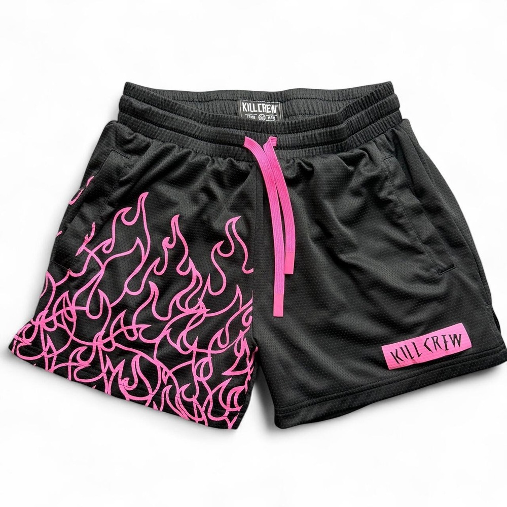 Kill Crew Black Pink Flame Muay Thai Mesh Shorts M